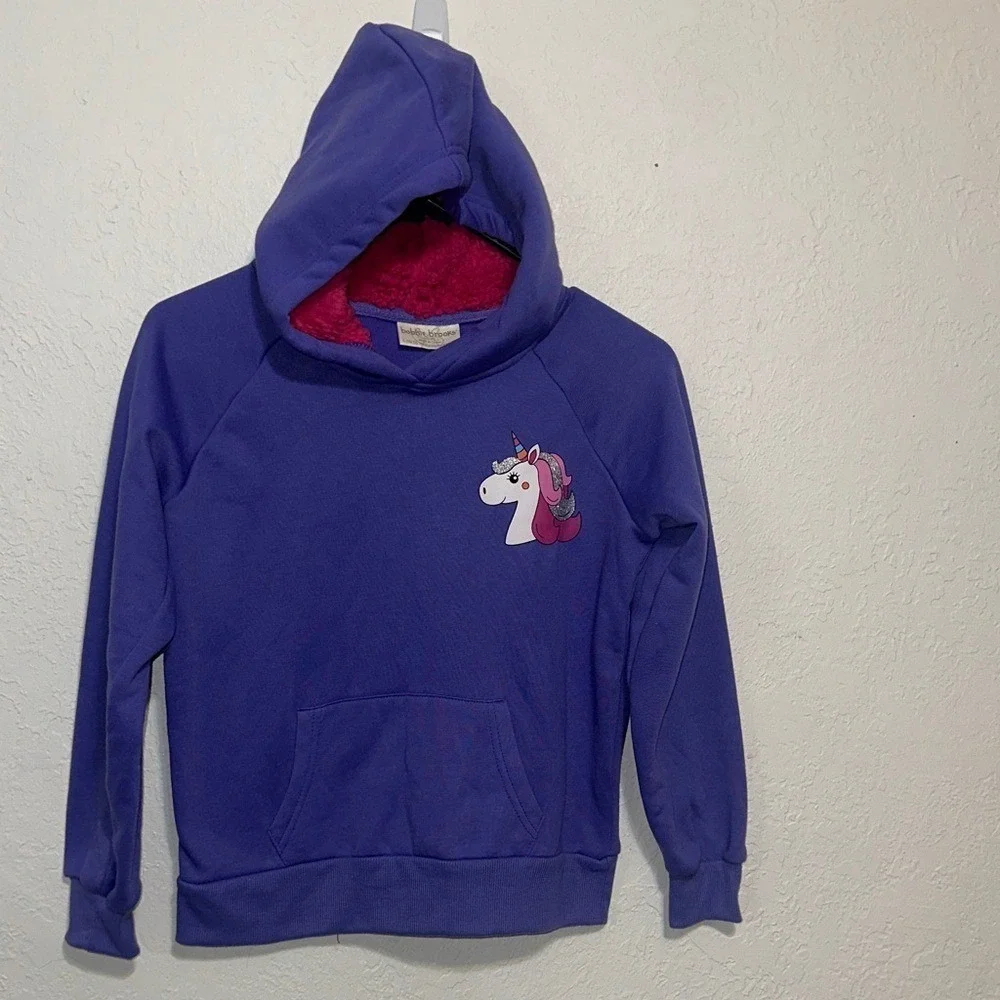 Bobbie Brooks Girls Purple Unicorn Hoodie Pink Sherpa Lined Hood Size L 10/12